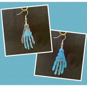 Blue & Clear Resin Halloweens Skeleton Hand Earrings Hand Crafted